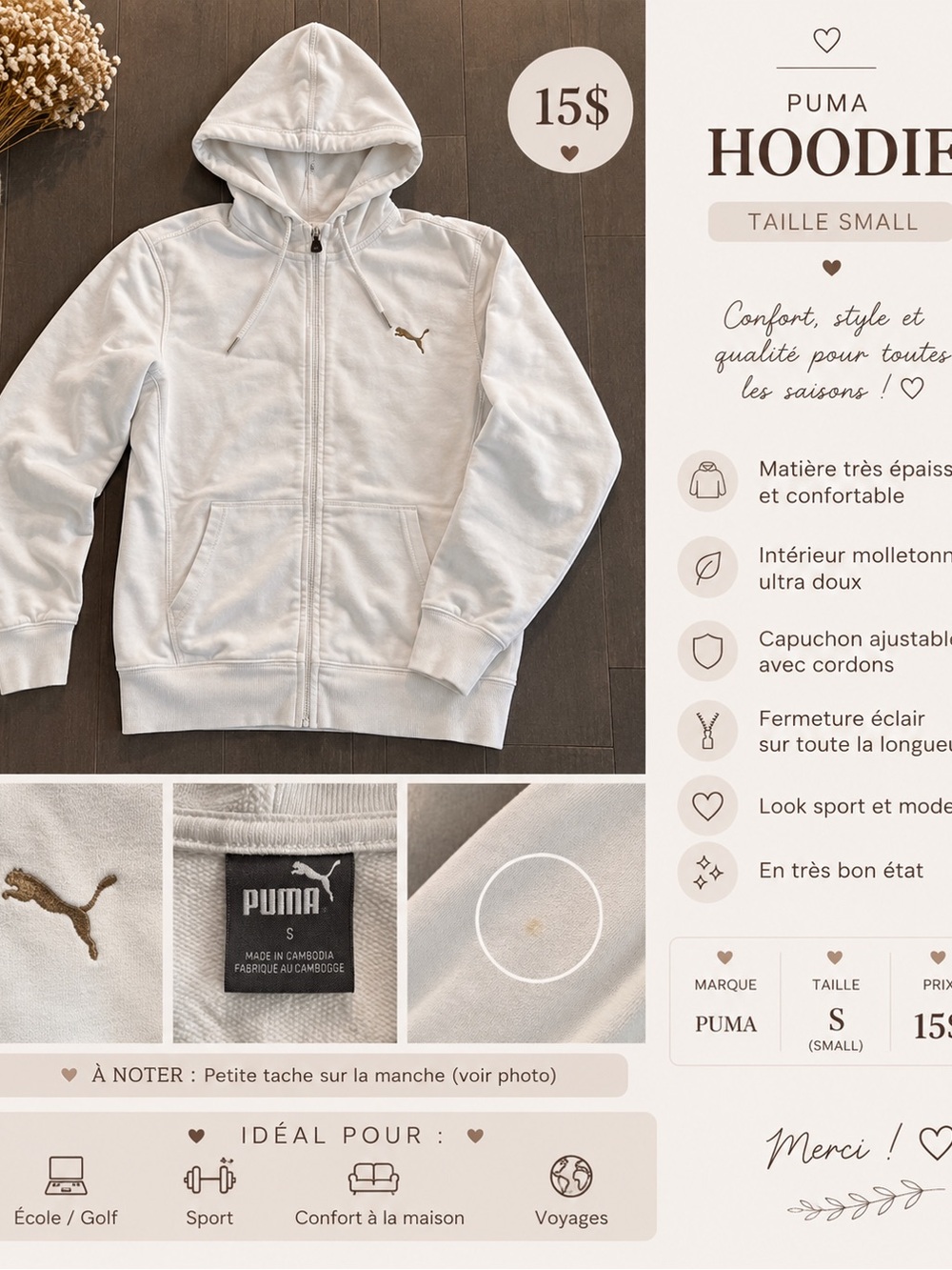 Puma White Zip Hoodie with Gold Puma Emblem